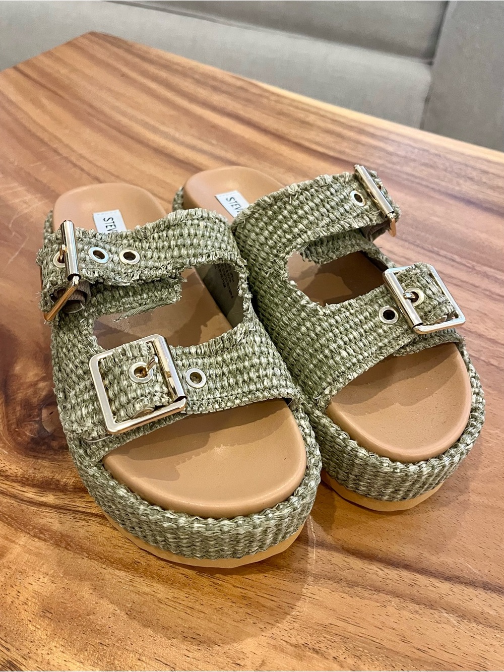 Steve Madden Olive Green Woven Platform Sandals with Buckles